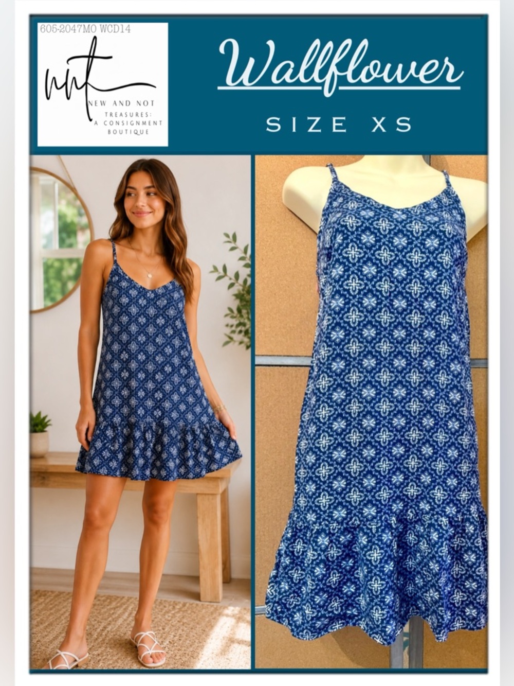 WallFlower XS Blue White Print Swing Sundress Ruffle Hem Spaghetti Strap Dress